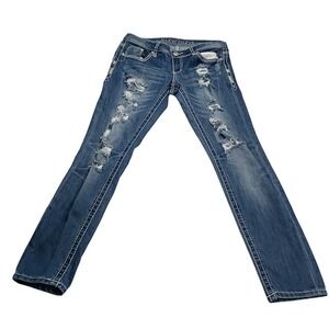 Almost Famous Skinny Jeans Women 9 Blue Distressed Thick Stitch Y2K